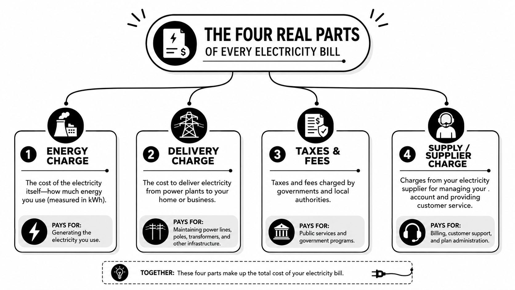 A diagram illustrating the four main components of an electricity bill, including energy, delivery, taxes, and supplier charges.