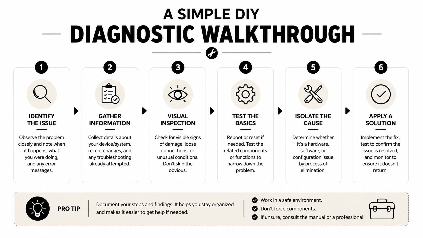 A six-step infographic illustrating a simple DIY diagnostic process for troubleshooting technical or household issues.