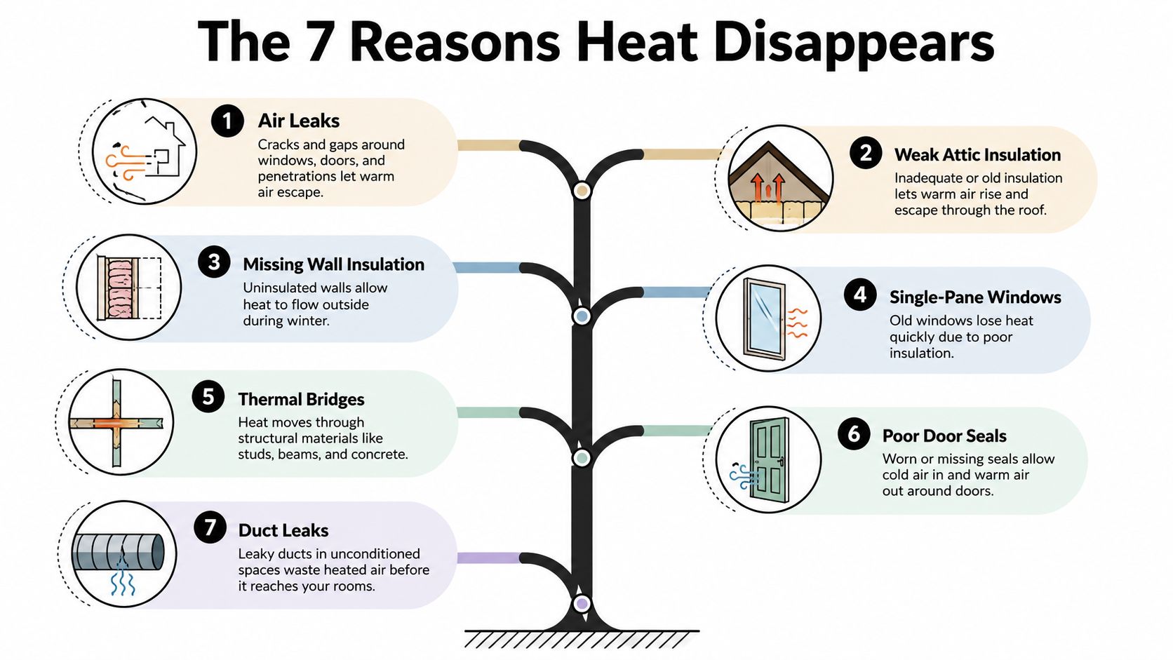 An infographic titled The 7 Reasons Heat Disappears listing common household causes of heat loss and inefficiency.