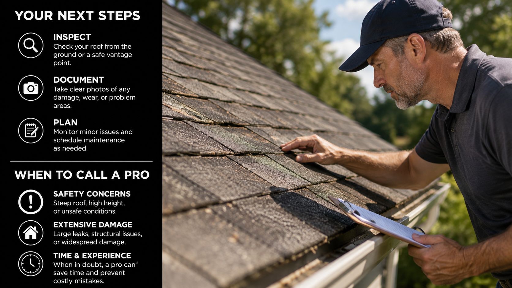 A professional roofing contractor inspecting asphalt roof shingles with a clipboard while assessing damage outdoors.