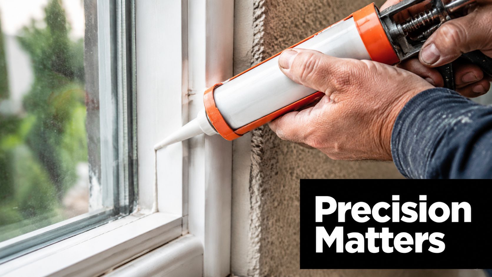 A professional worker using a caulking gun to apply sealant around a white window frame for insulation.