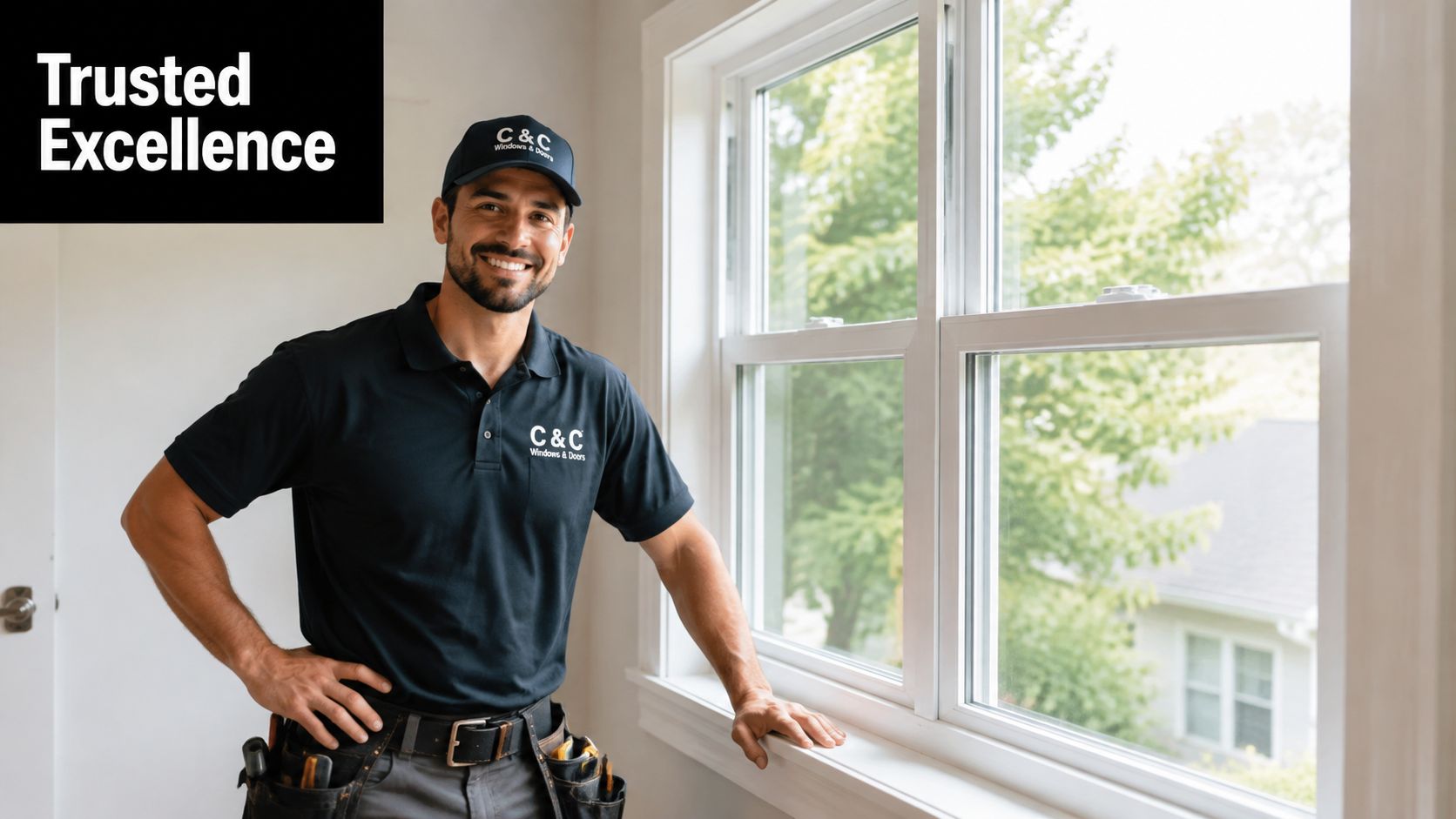 A professional window installation technician wearing a branded uniform stands smiling next to a newly installed window.