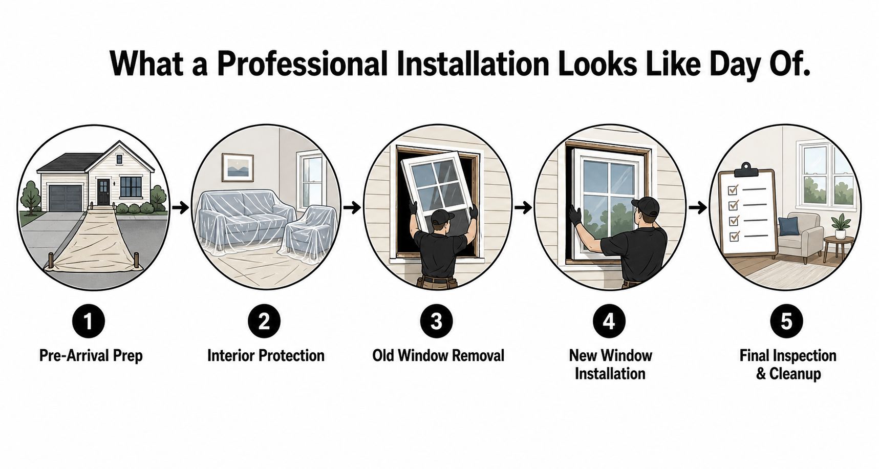 An infographic showing the five-step process for a professional home window replacement service.