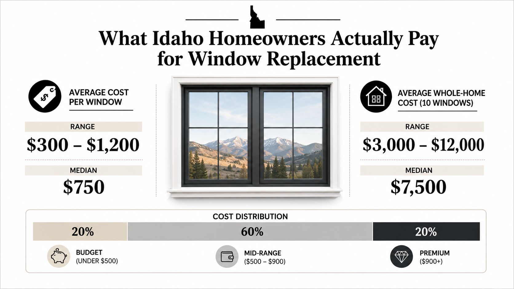 An infographic showing window replacement costs in Idaho, including per-window and whole-home price ranges.