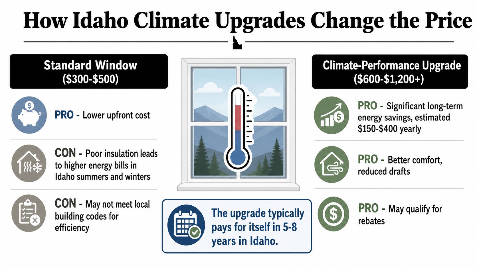 A comparative infographic highlighting the pros and cons of standard versus climate-performance window upgrades in Idaho.