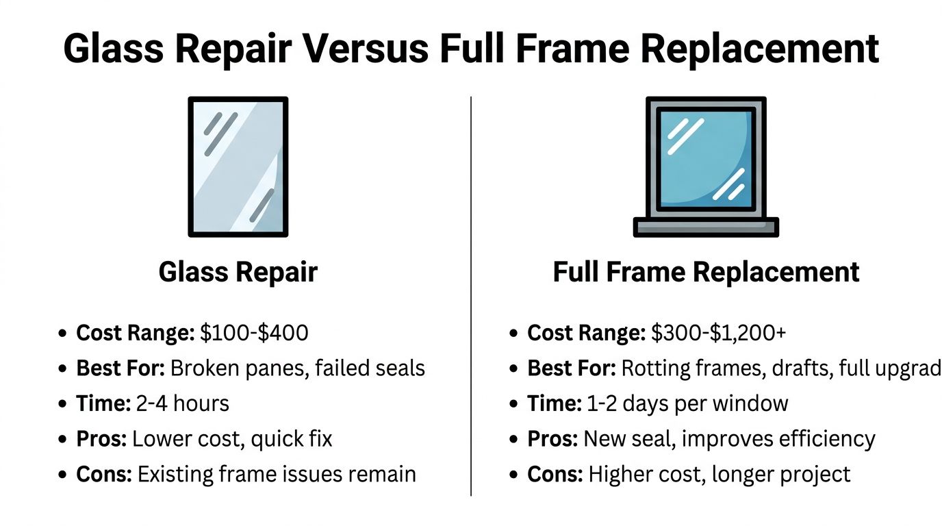 A comparison chart outlining the costs, benefits, and drawbacks of glass repair versus full frame window replacement.