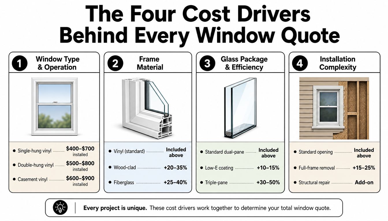 An infographic titled The Four Cost Drivers Behind Every Window Quote illustrating factors affecting installation costs.