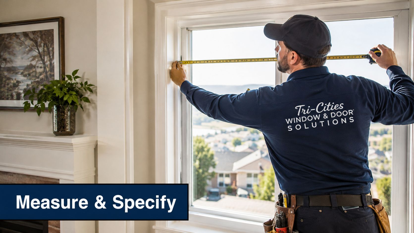 A professional window installer measuring a window frame in a residential home for replacement services.