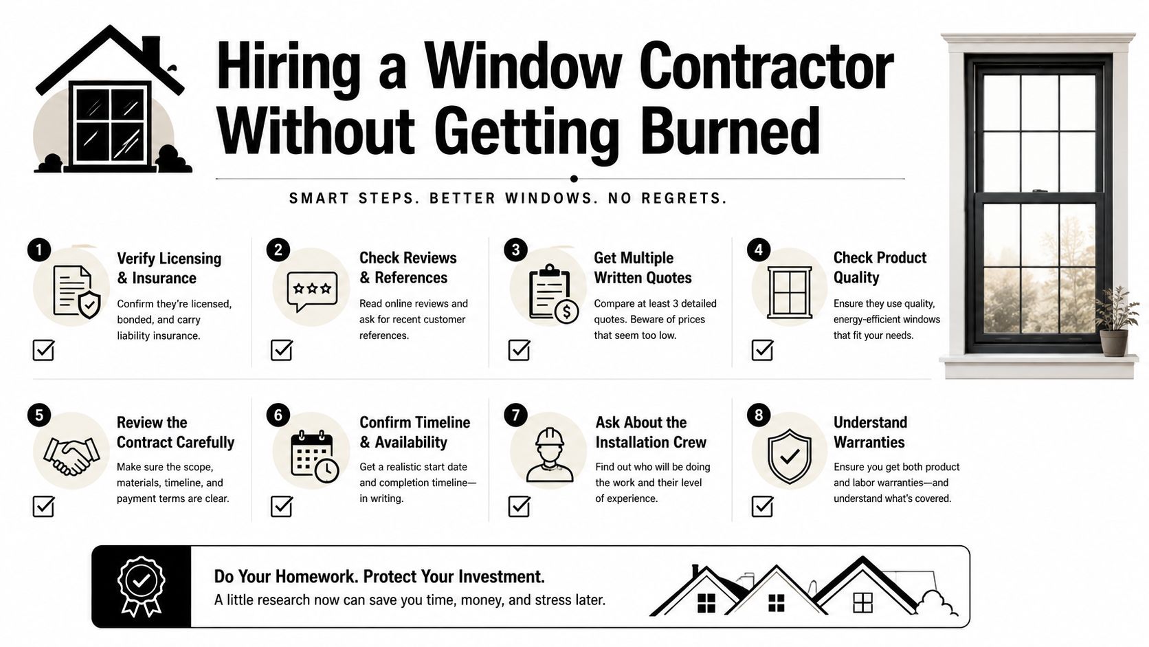 An infographic titled Hiring a Window Contractor Without Getting Burned detailing eight essential steps for home improvement.