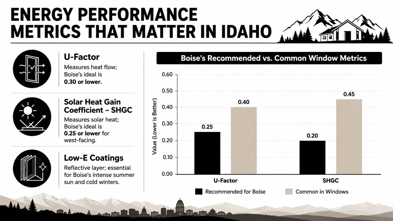 A chart comparing recommended versus common window U-factor and SHGC energy performance ratings for Boise homes.