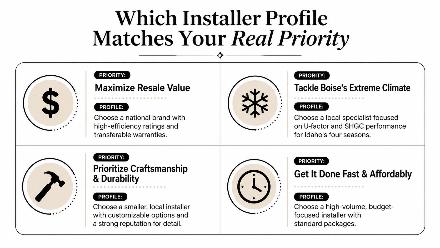 A chart helping homeowners choose the right window installer profile based on their specific priorities and goals.