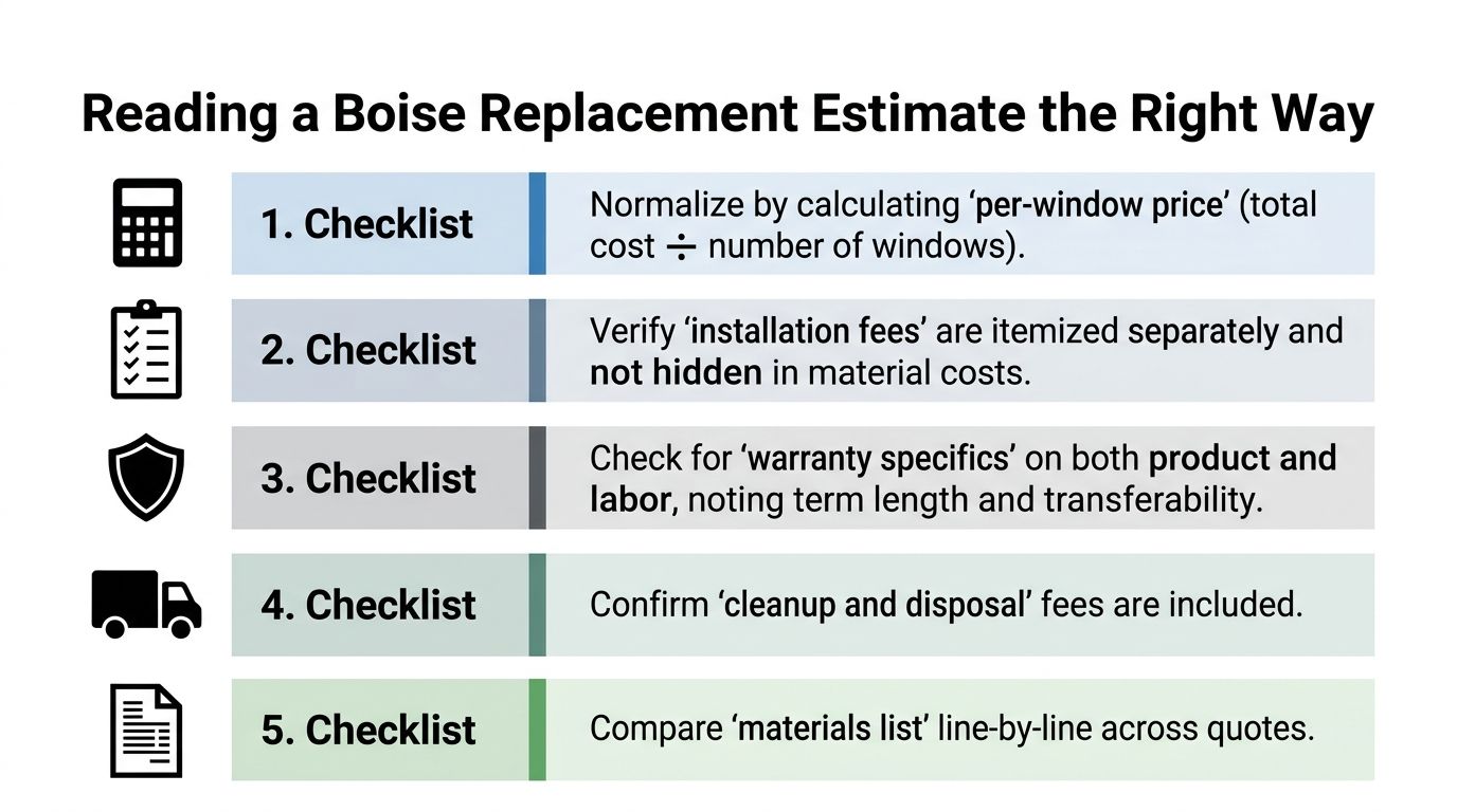 A five-point checklist for homeowners on how to properly evaluate a window replacement cost estimate.