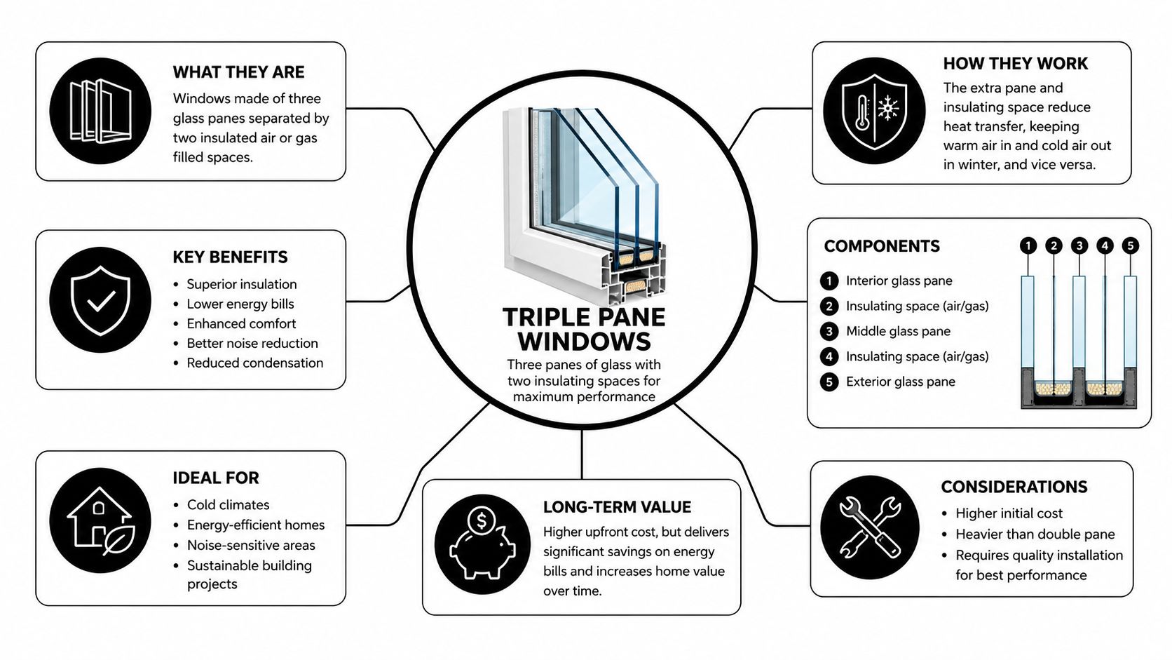 A diagram explaining triple pane windows with components, benefits, and considerations for energy efficiency.