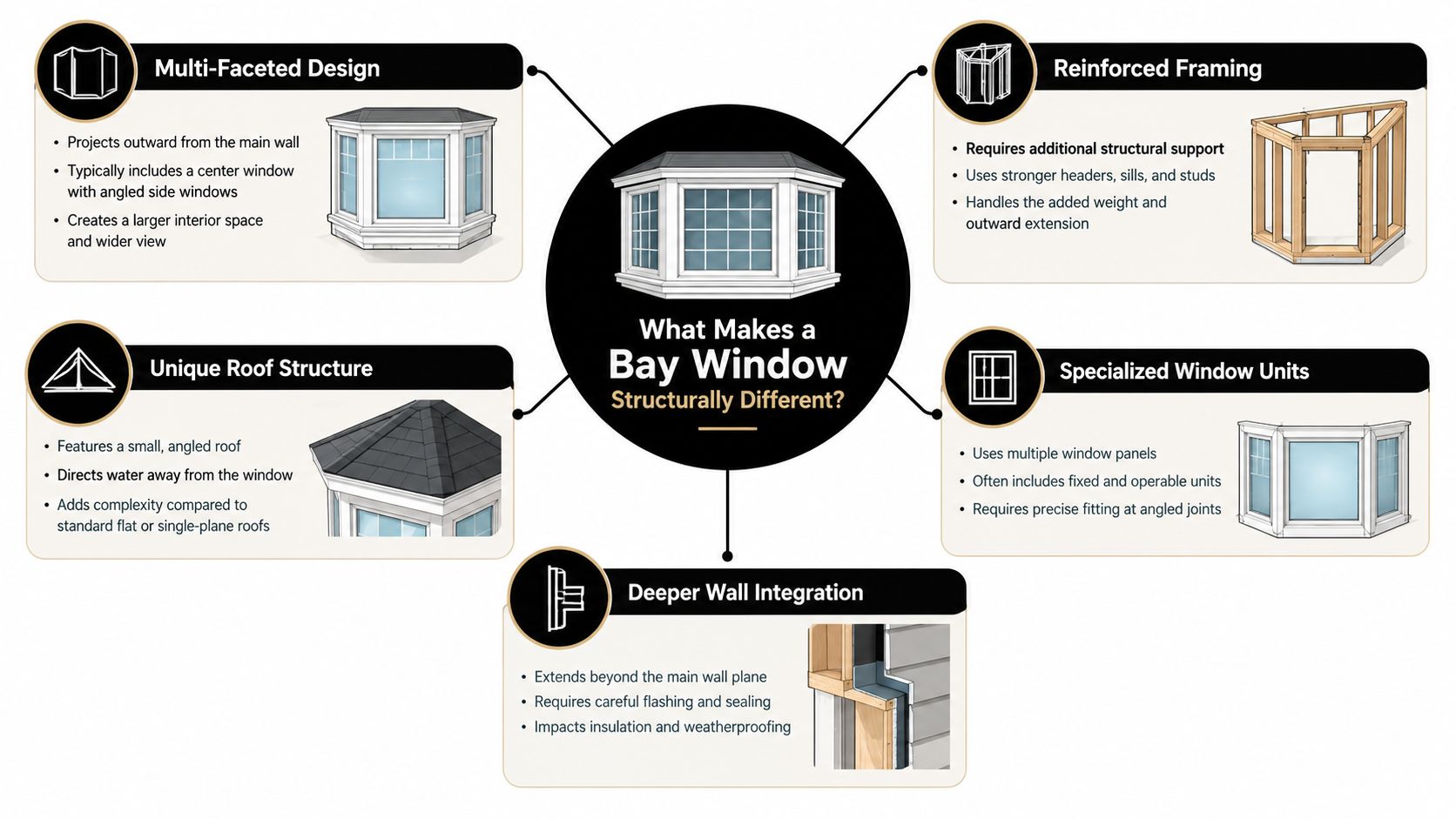 An infographic titled What Makes a Bay Window Structurally Different, detailing its unique architectural and construction features.