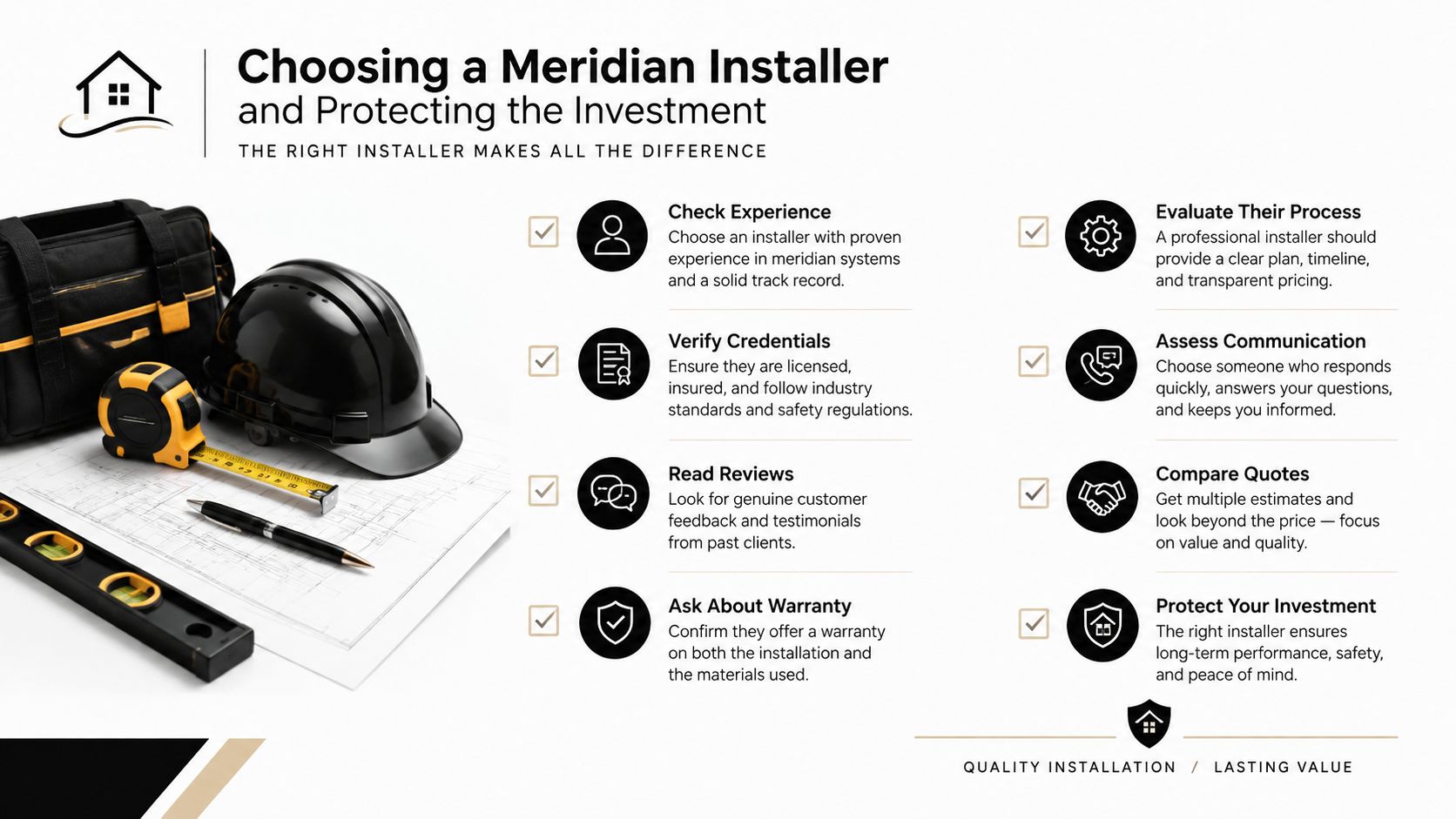 An infographic titled Choosing a Meridian Installer with tips on selecting a professional for your home project.