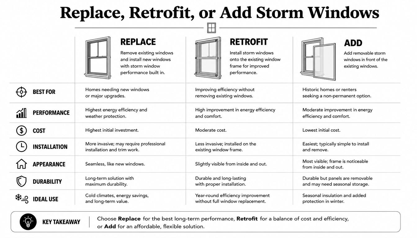 A comparison chart outlining the pros and cons of window replacement, retrofitting, and adding storm windows.