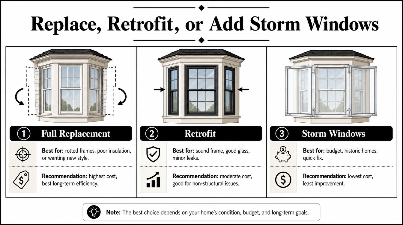 An infographic showing three options for bay window home improvements: full replacement, window retrofit, and storm windows.