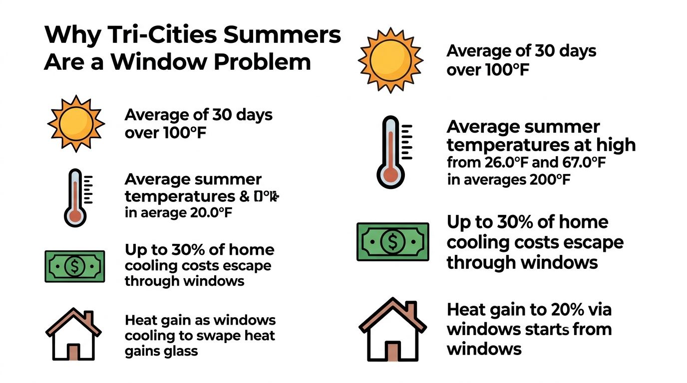 An infographic detailing how ineffective home windows contribute to high cooling costs during Tri-Cities summer heat.