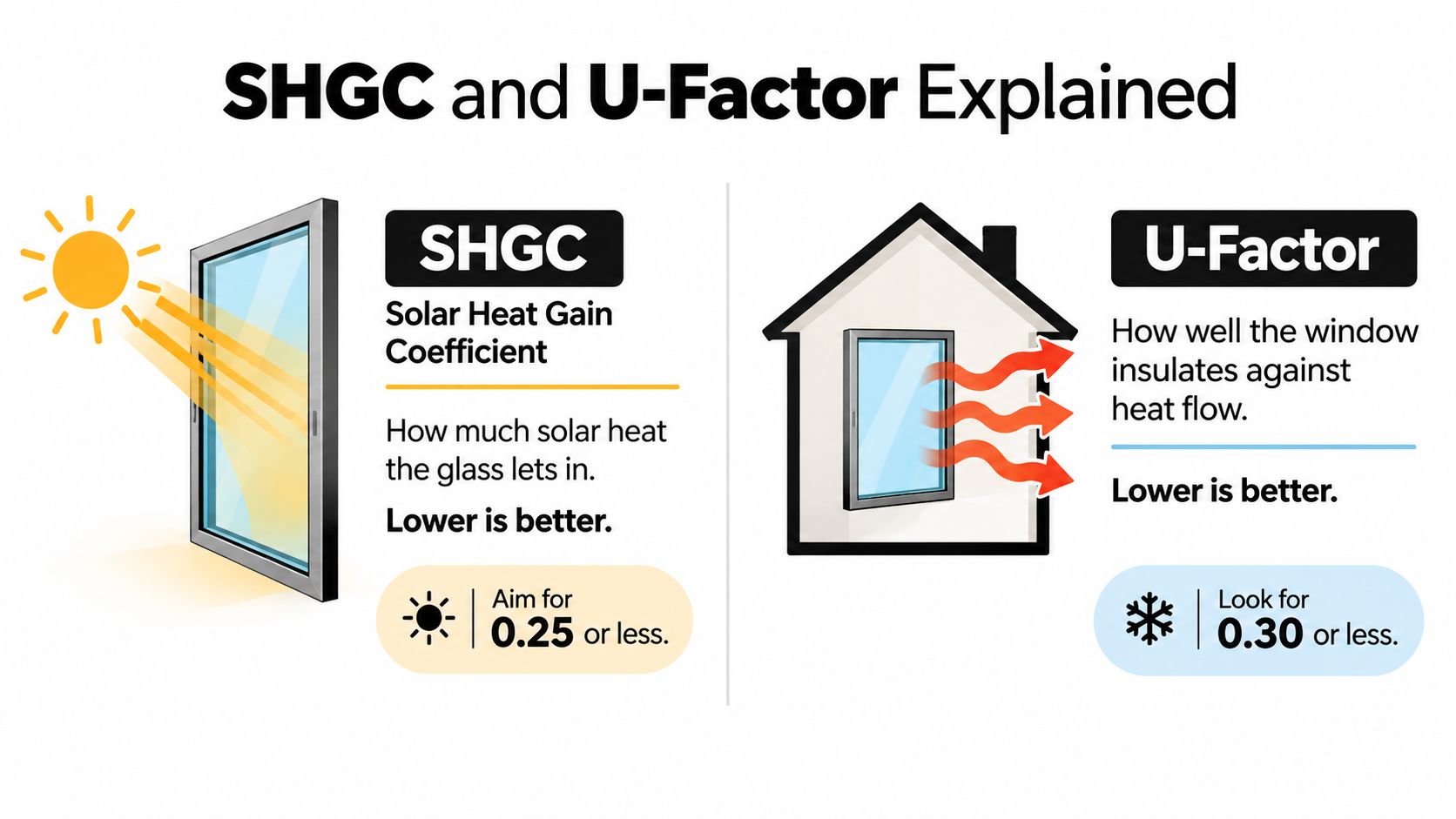 An infographic explaining how SHGC and U-Factor ratings help determine the efficiency of energy-saving residential windows.