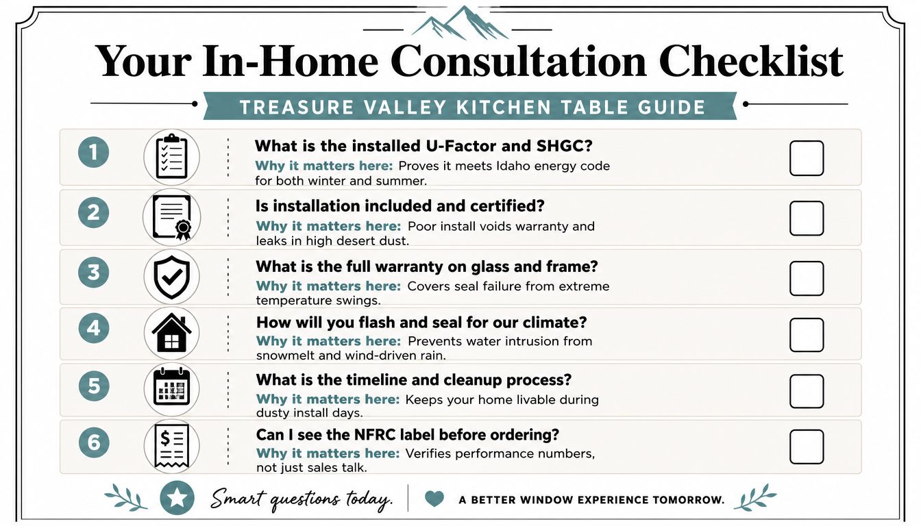 A checklist for homeowners in Idaho to use during window consultations to ensure quality and energy efficiency.