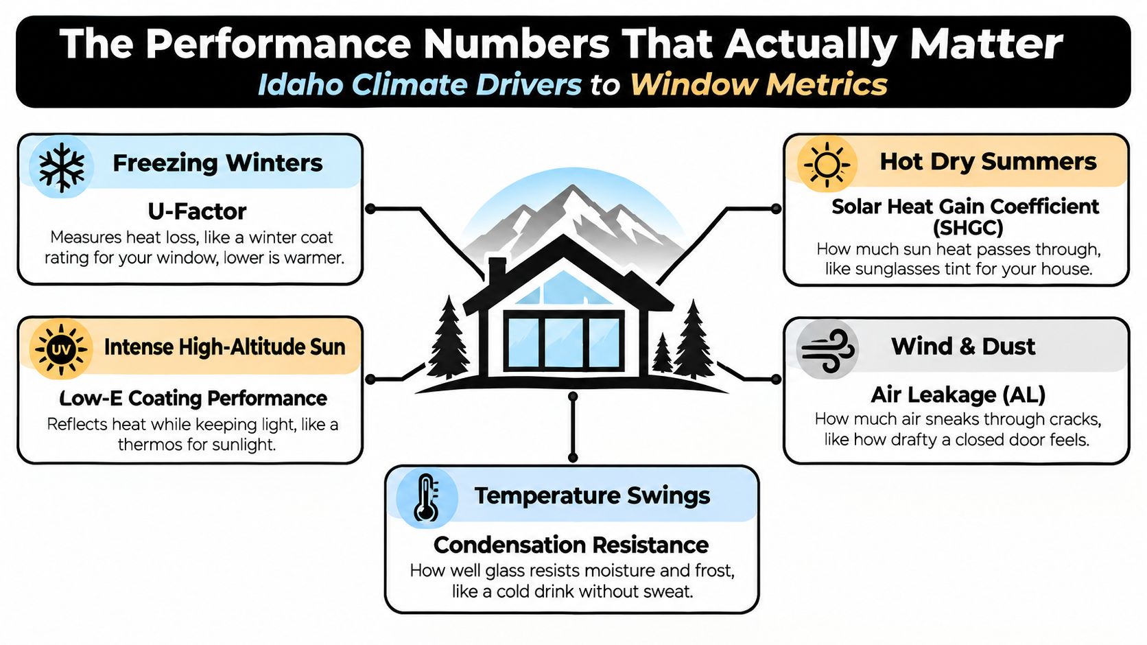 An infographic showing Idaho climate factors like cold, heat, and sun and their corresponding window performance ratings.