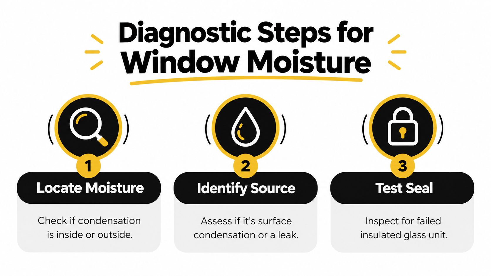A three-step infographic showing how to diagnose window moisture problems including locating, identifying, and testing seals.