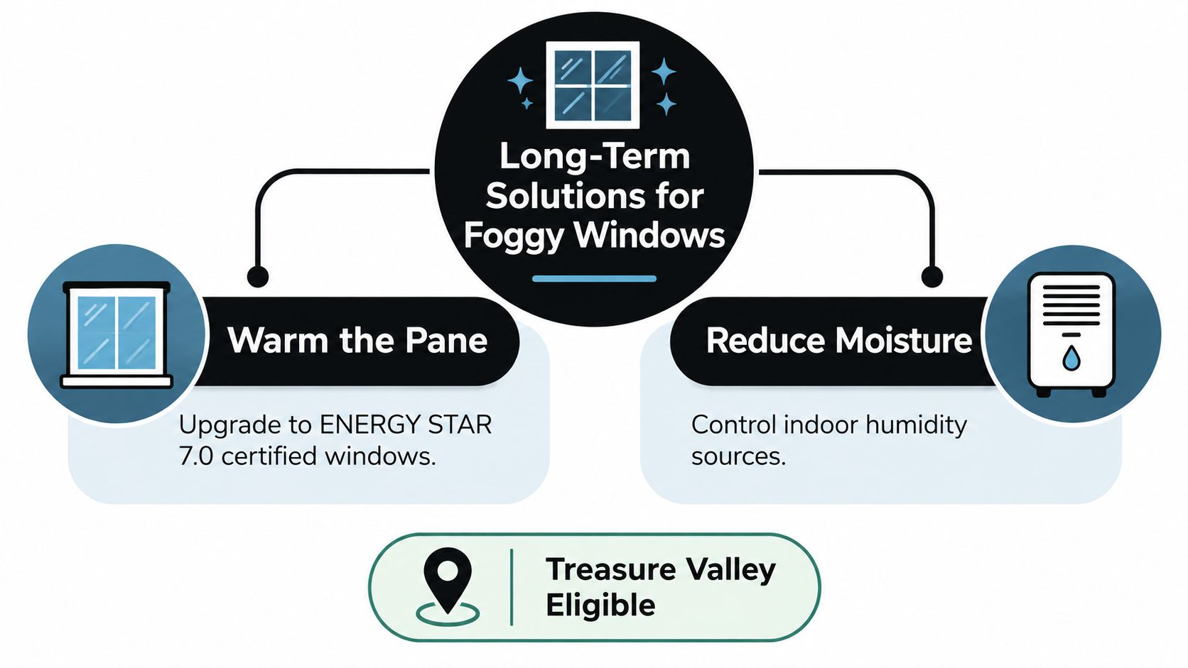 An infographic showing two long-term solutions for foggy windows: warming the pane and reducing indoor moisture.