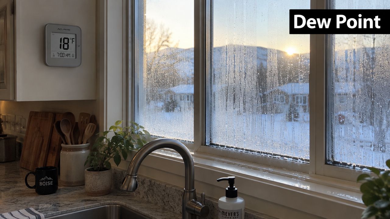 A kitchen window showing heavy condensation on the glass during a cold winter day with snow outside.
