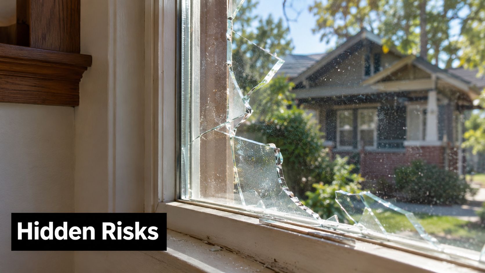 A close-up view of a shattered window pane looking out towards a residential house in daylight.