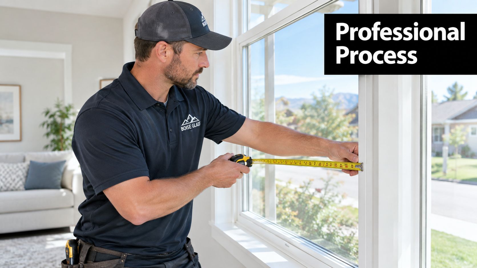 A professional technician from Boise Glass accurately measuring a window frame for a replacement project.