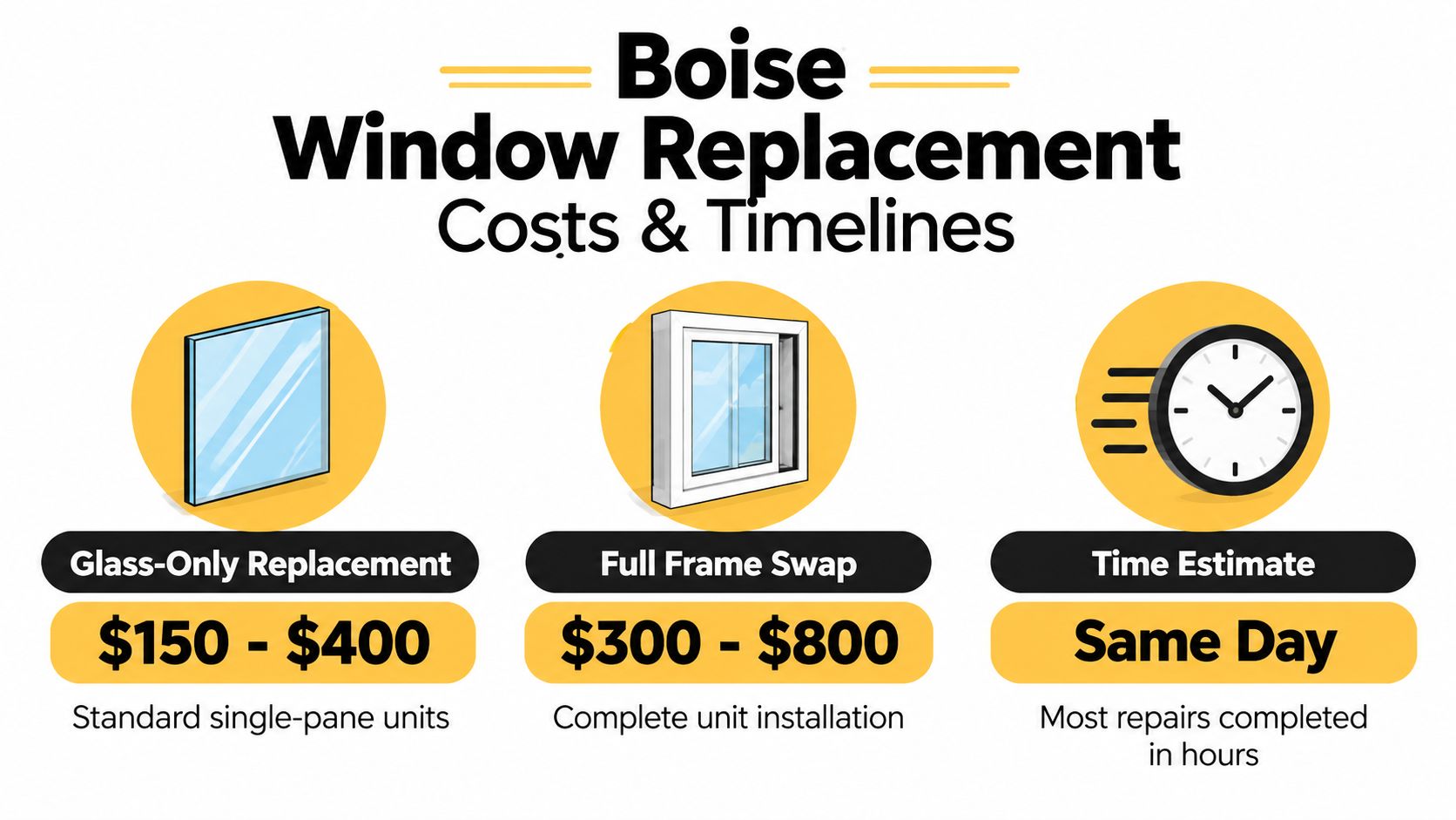 An infographic detailing Boise window replacement costs and timelines for glass-only repair and full frame installation.