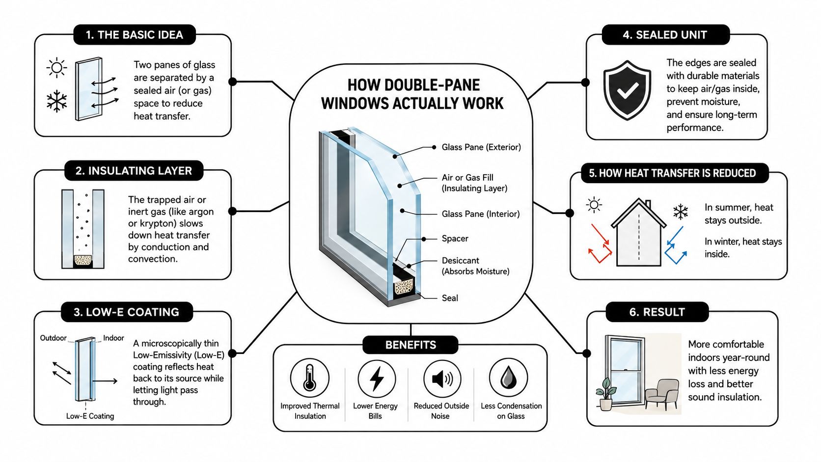 An infographic diagram explaining how double-pane windows work, illustrating components like glass, spacers, and insulating gas.