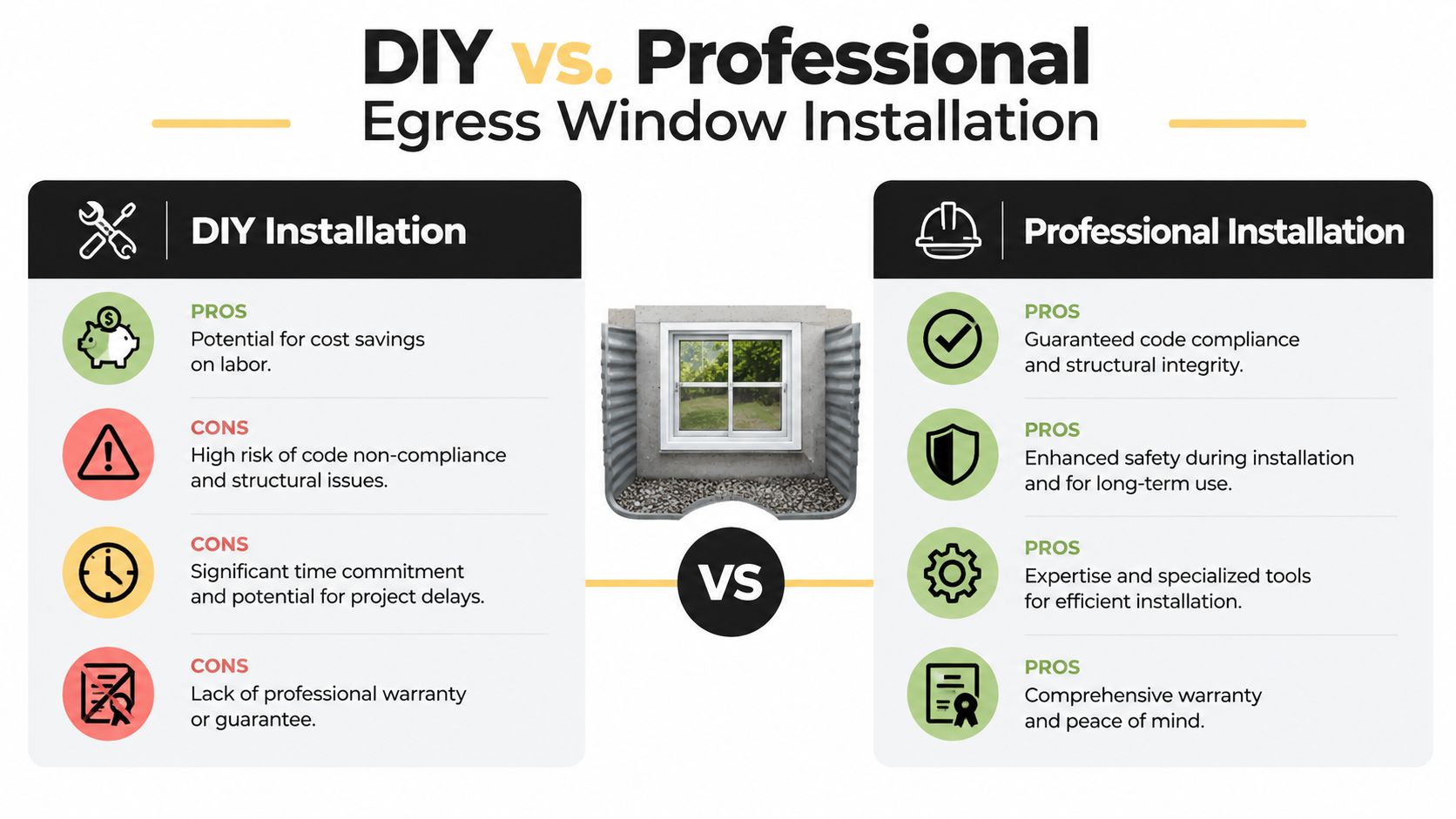 A comparison chart outlining the pros and cons of DIY versus professional egress window installation services.