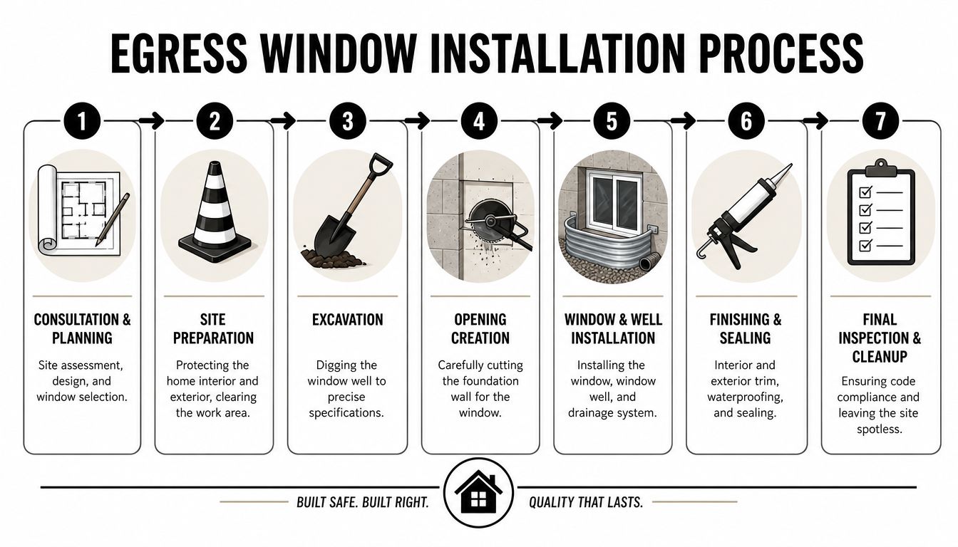 A step-by-step infographic illustrating the seven stages of the professional egress window installation process.