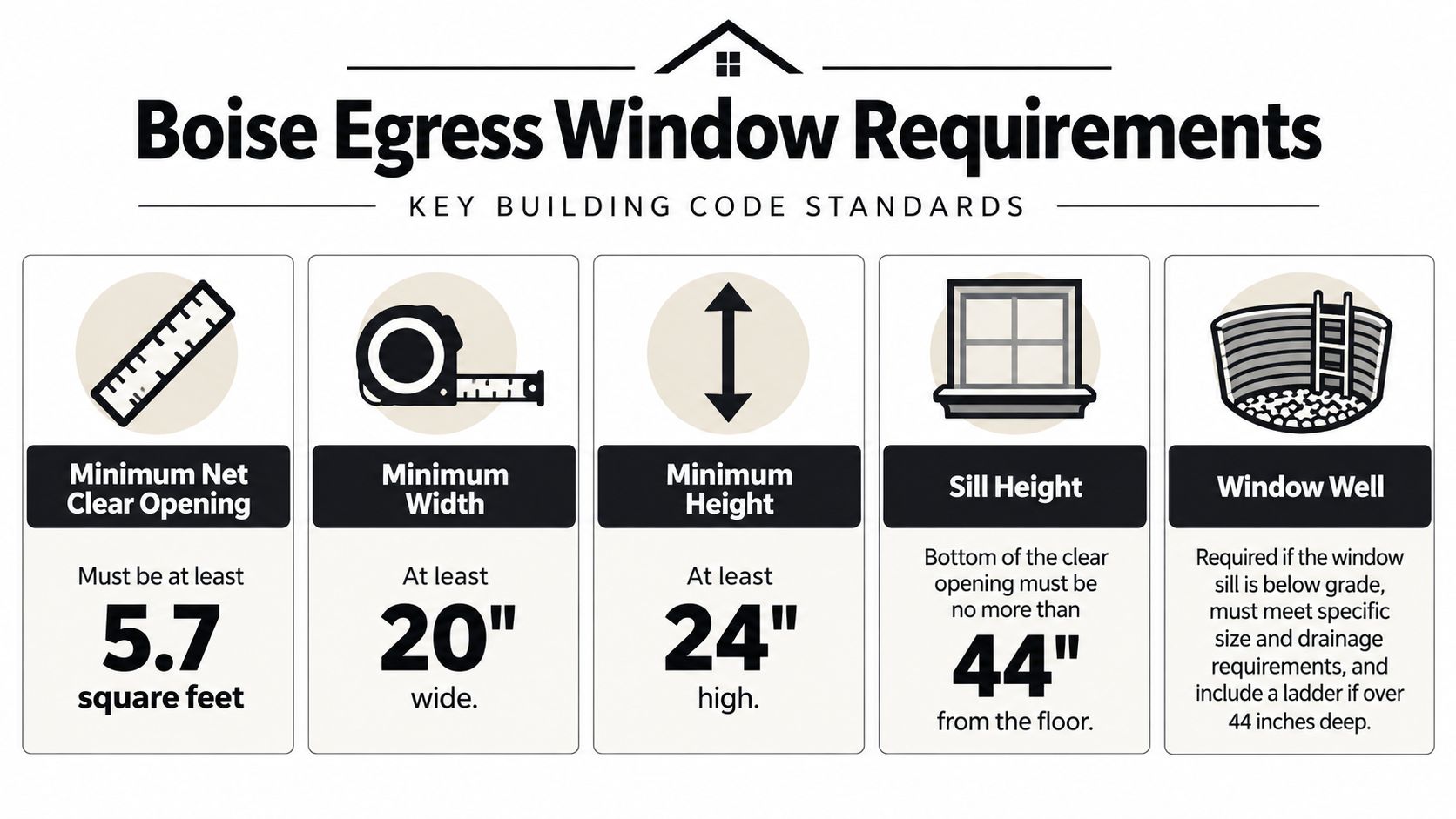 An infographic detailing the building code requirements for egress windows in Boise, including dimensions and safety standards.
