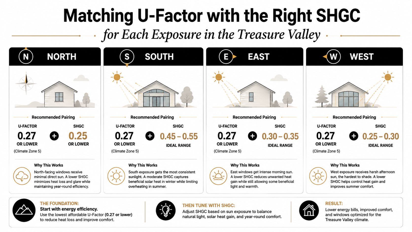 A guide showing recommended U-Factor and SHGC window ratings for different house exposures in the Treasure Valley.