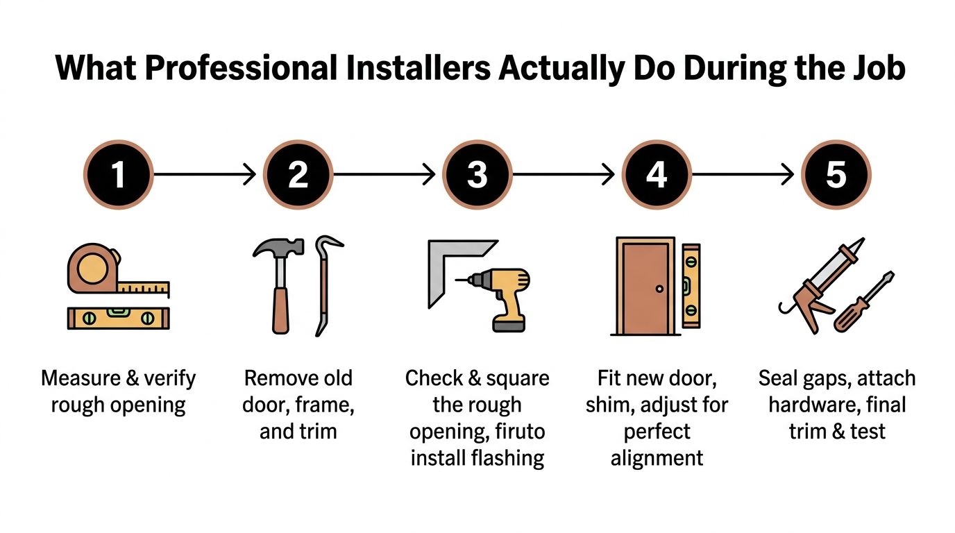 A five-step infographic showing the professional entry door installation process from measuring to final testing.