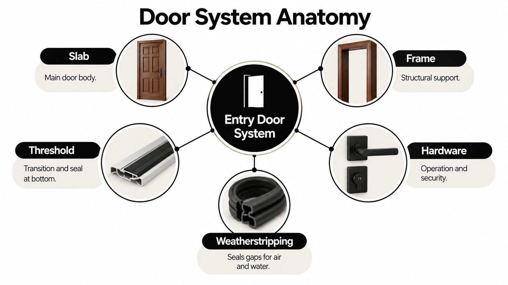 A diagram illustrating the five main components of an entry door system including frame, slab, hardware, weatherstripping, and threshold.