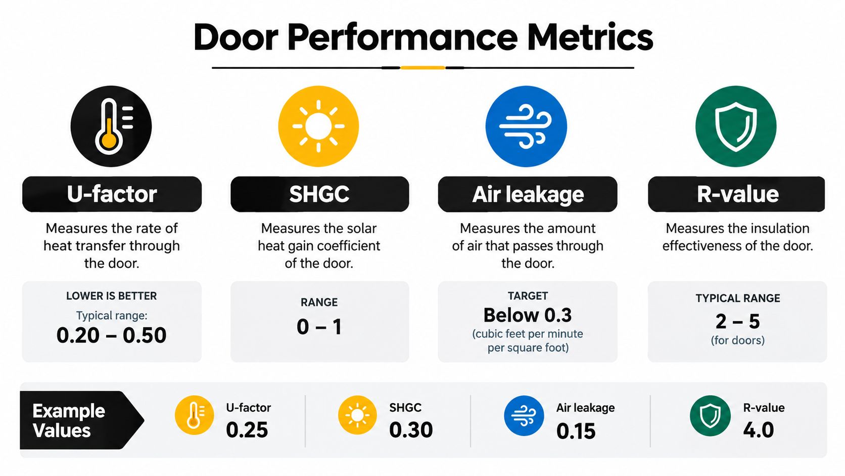 An infographic showing four door performance metrics including U-factor, SHGC, air leakage, and R-value for energy efficiency.