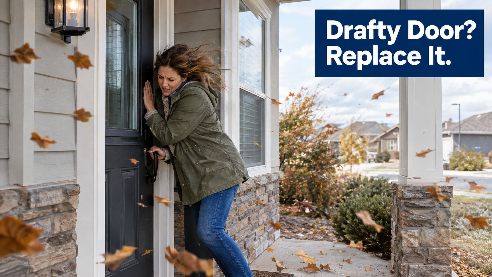 A woman struggles to close a front door against strong wind with blowing autumn leaves outdoors.