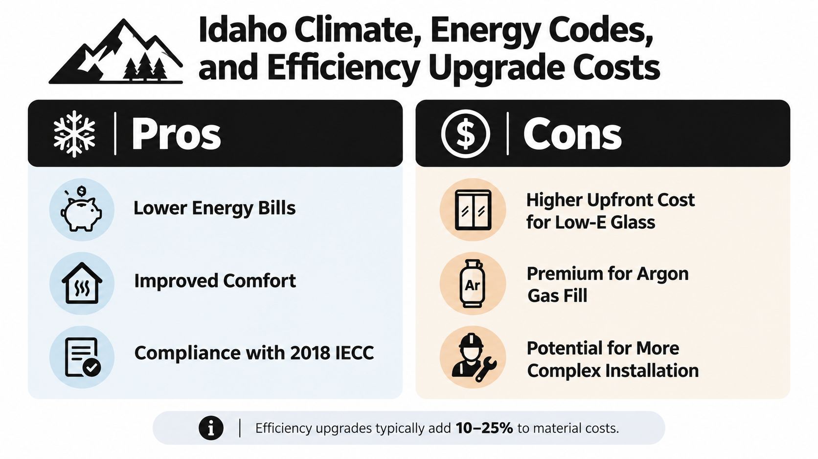 An infographic showing the pros and cons of energy-efficient home upgrades in the Idaho climate.
