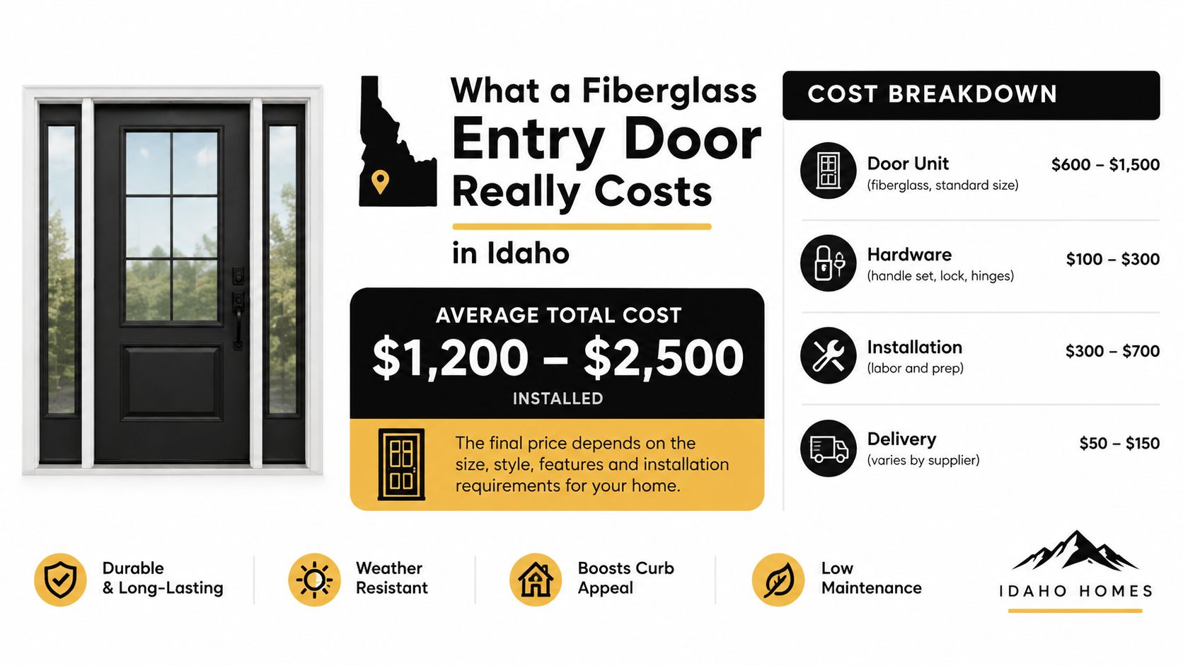 An infographic detailing the estimated costs for installing a fiberglass entry door in an Idaho home.