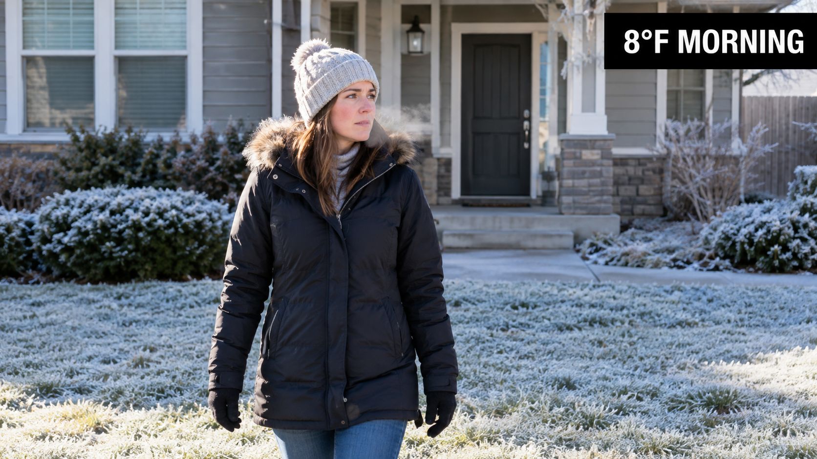 A woman wearing a winter coat and hat standing on a frosty lawn near her home.