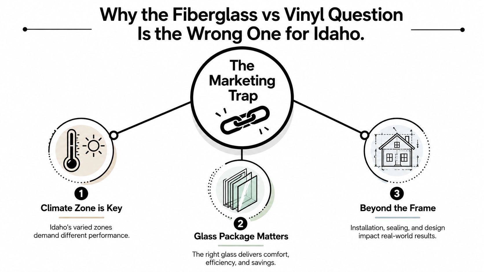 An infographic explaining that climate, glass quality, and installation matter more than window material in Idaho.