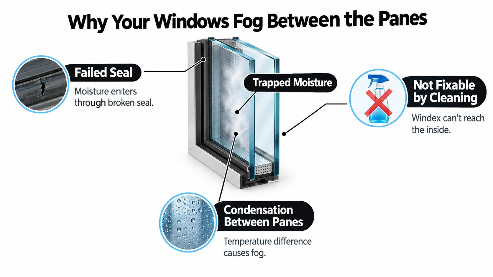 A diagram explaining why windows fog between panes due to failed seals and trapped moisture.
