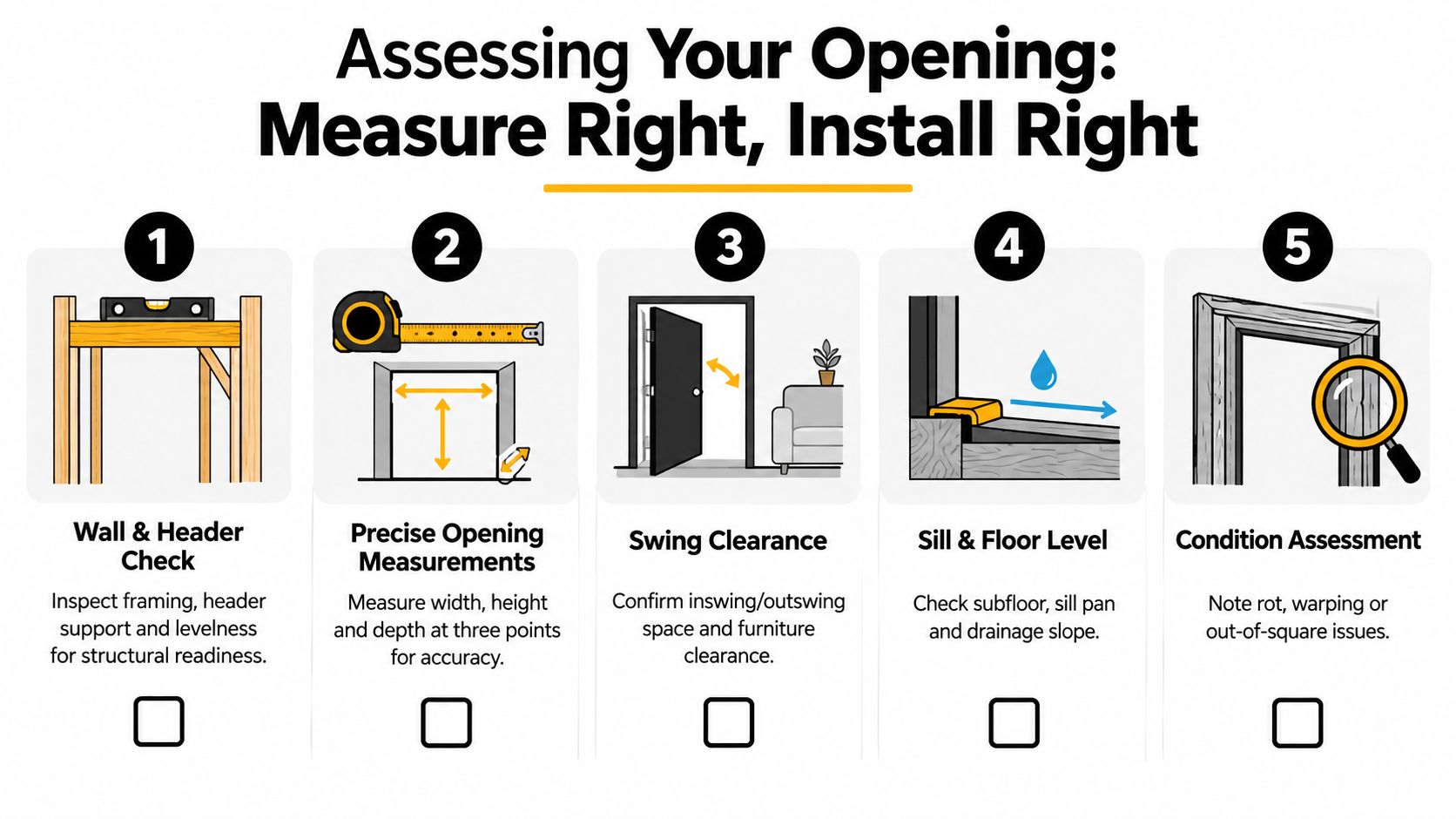 A checklist illustration for assessing a door opening, featuring steps for measurements, leveling, and structural condition.