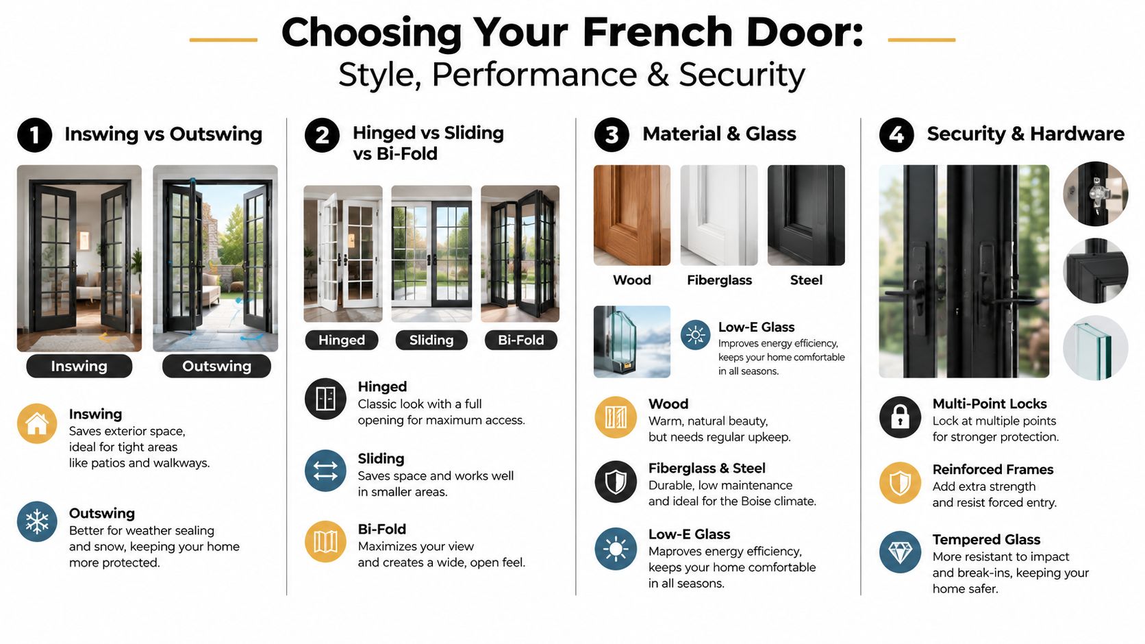 An infographic detailing the style, performance, and security factors to consider when choosing a French door.