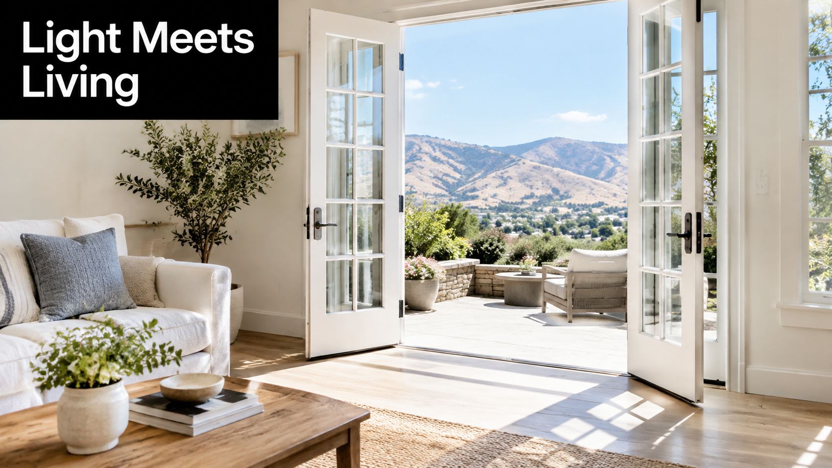 A sunlit living room with open white French doors leading to a scenic patio overlooking mountains.