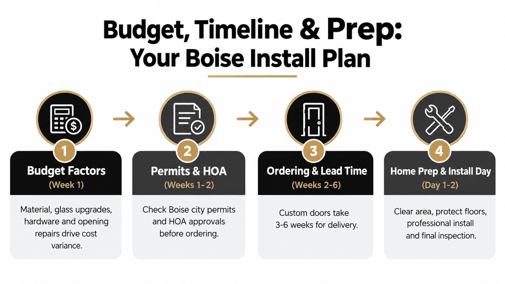 An infographic showing the four steps of the French door installation process in Boise, Idaho.