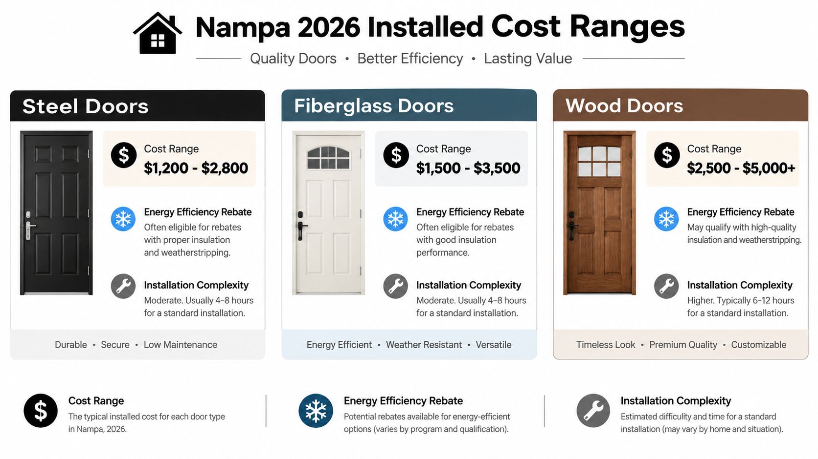 A price comparison chart for installing steel, fiberglass, and wood front doors in Nampa for the year 2026.